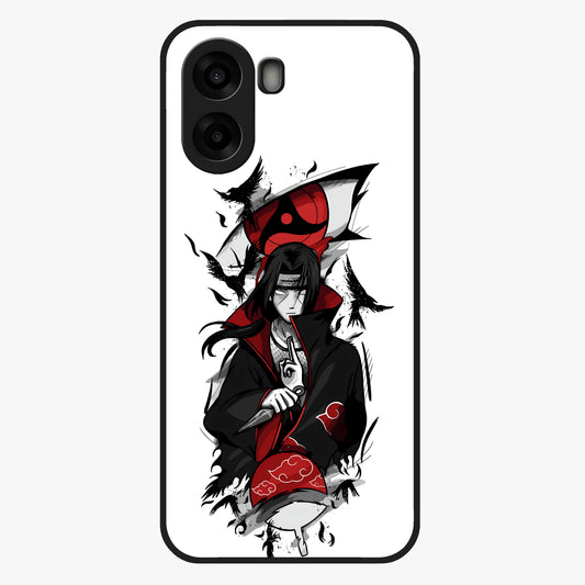 Itachi Sharingan Glass Case showing flat back view with powerful anime eye artwork and glossy glass finish.