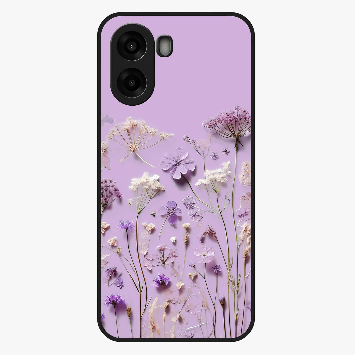 Lavender Blossom Dream Glass Case showing flat back view with soft lavender floral artwork and glossy glass finish.
