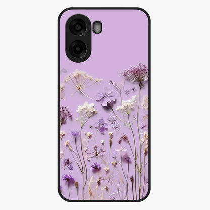Lavender Blossom Dream Glass Case showing flat back view with soft lavender floral artwork and glossy glass finish.