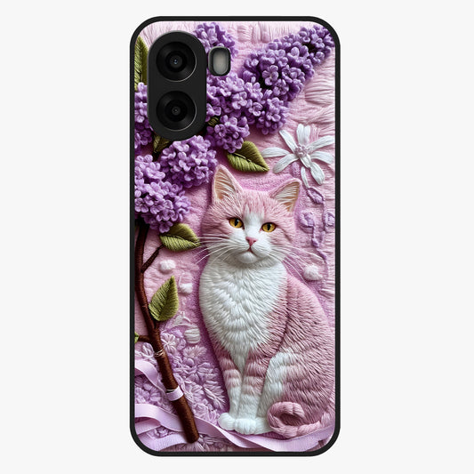 Lavender Cat Whimsy Glass Case showing flat back view with cute lavender cat artwork and glossy glass finish.