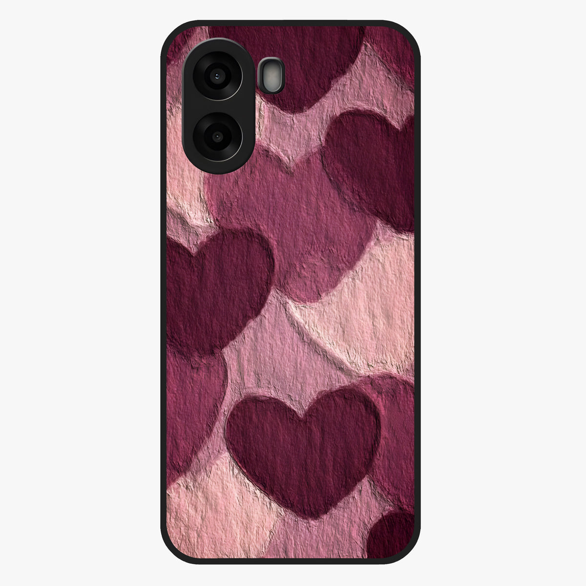 Layered Paper Hearts Glass Case showing flat back view with layered paper heart artwork and glossy glass finish.