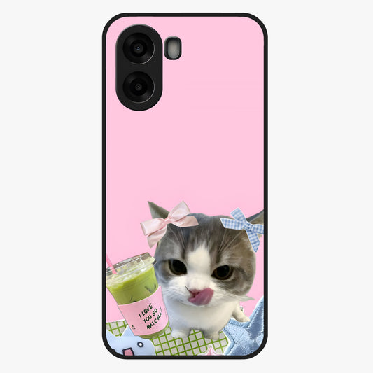Love Matcha Cat Glass Case showing flat back view with cute cat and matcha themed artwork and glossy glass finish.
