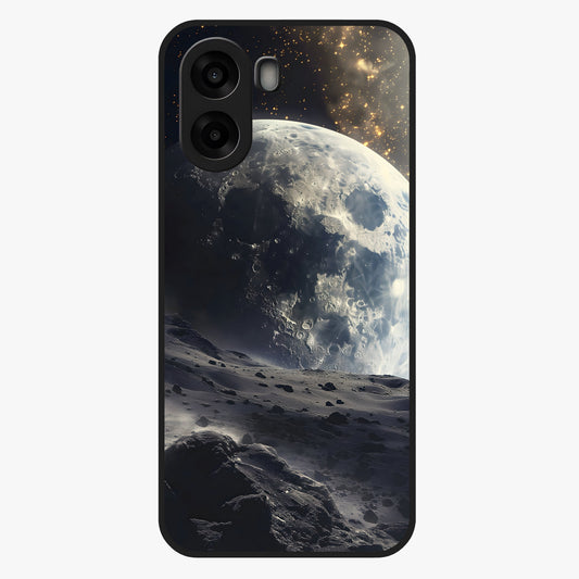 Lunar Horizon Glow Glass Case showing flat back view with glowing moon horizon artwork and glossy glass finish.
