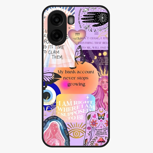 Manifestation Collage Glass Case showing flat back view with motivational collage artwork and glossy glass finish.
