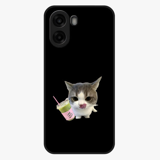 Matcha Cat Style Glass Case showing flat back view with cute matcha themed cat artwork and glossy glass finish.