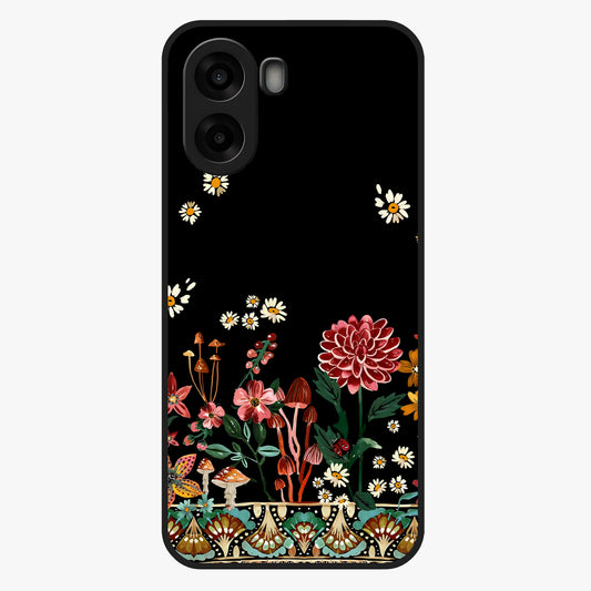 Midnight Bloom Pattern Glass Case showing flat back view with dark floral pattern artwork and glossy glass finish.