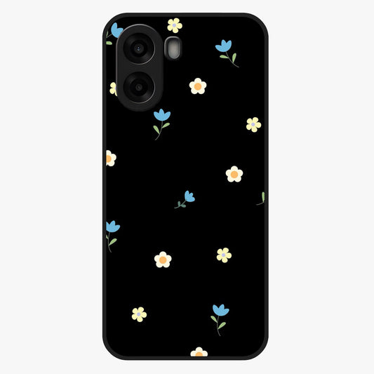 Minimalistic Blue With White Flower Pattern Glass Case showing flat back view with blue background and white flower pattern and glossy glass finish.