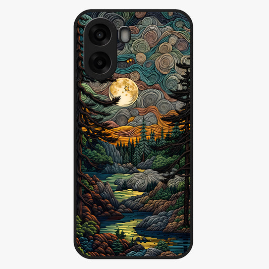 Moonlight Forest Dream Glass Case showing flat back view with mystical forest moonlight artwork and glossy glass finish.