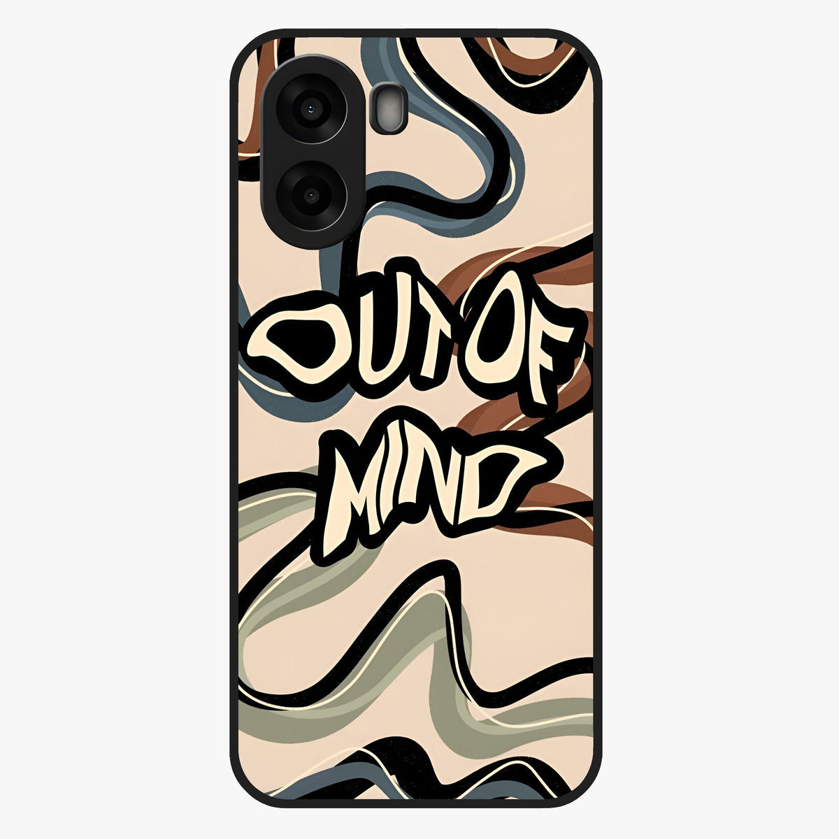 Out Of Mind Glass Case showing flat back view with expressive typography artwork and glossy glass finish.