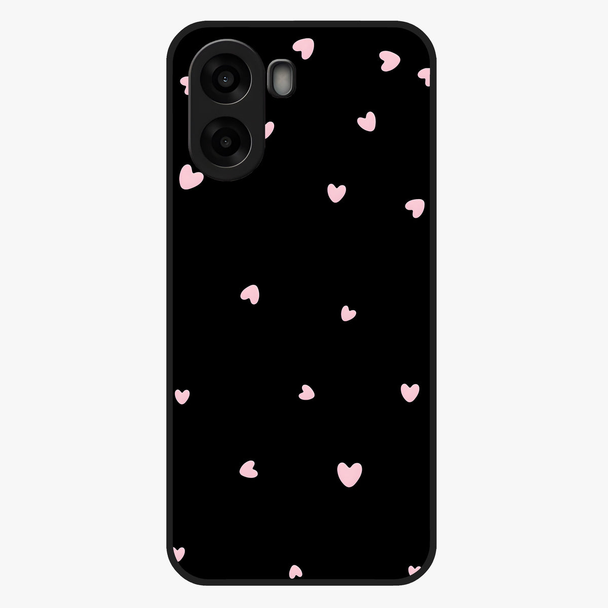 Pink Love Drops Glass Case showing flat back view with playful pink heart drops artwork and glossy glass finish.