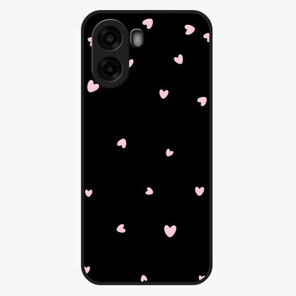Pink Love Drops Glass Case showing flat back view with playful pink heart drops artwork and glossy glass finish.