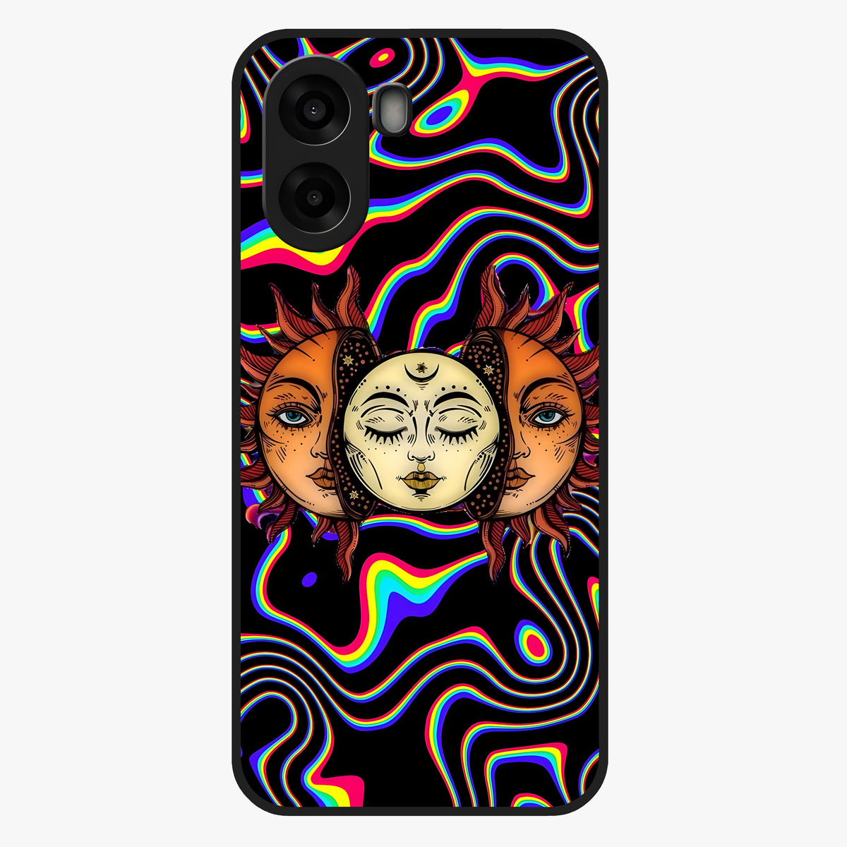 Psychedelic Sun Glass Case showing flat back view with colorful psychedelic sun artwork and glossy glass finish.