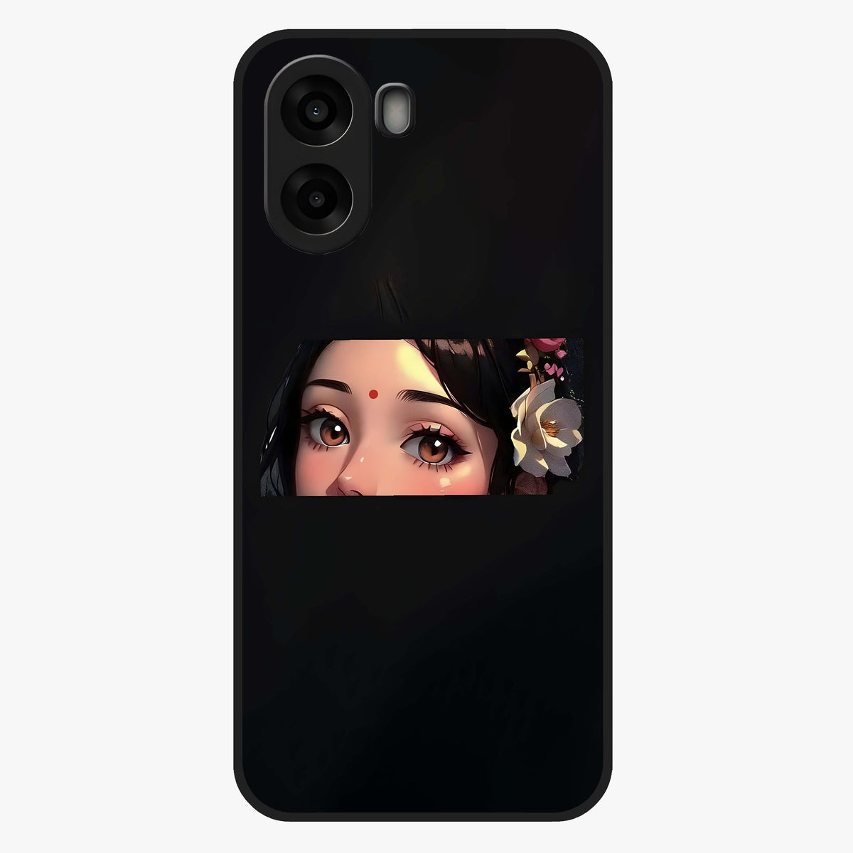 Radha Divine Embrace Glass Case showing flat back view with devotional Radha artwork and glossy glass finish.
