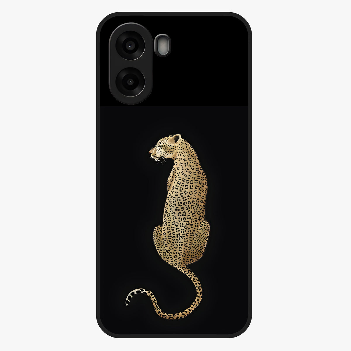 Regal Leopard Glass Case showing flat back view with bold leopard artwork and glossy glass finish.