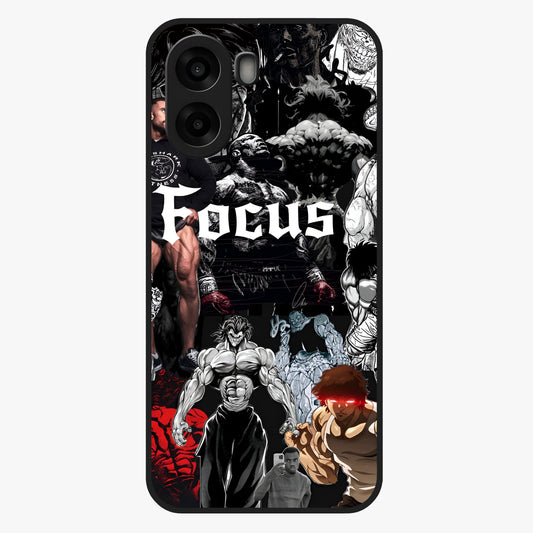 Relentless Power Focus Glass Case showing flat back view with motivational typography artwork and glossy glass finish.