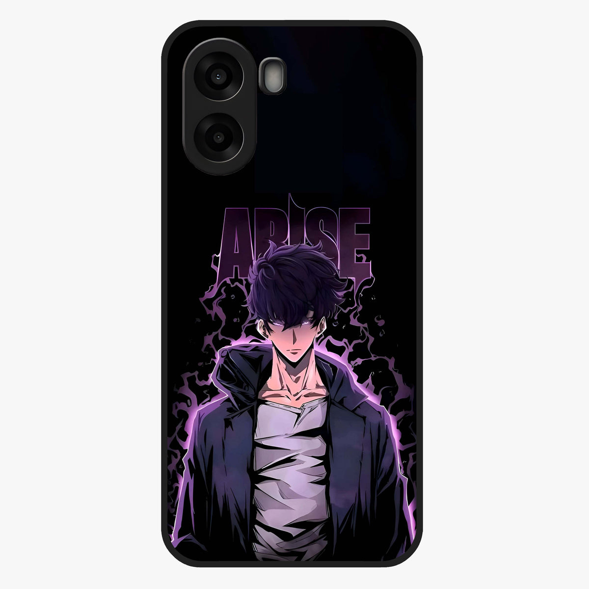 Shadow Monarch Awakening Glass Case showing flat back view with powerful dark monarch themed artwork and glossy glass finish.