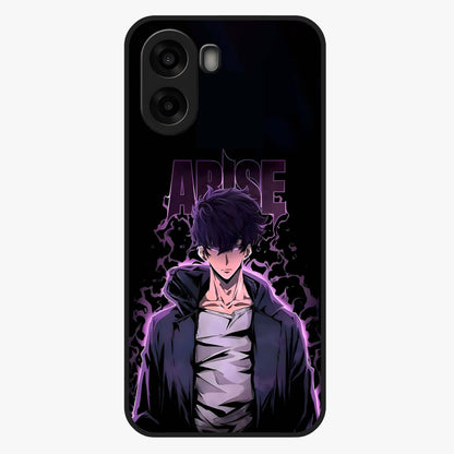 Shadow Monarch Awakening Glass Case showing flat back view with powerful dark monarch themed artwork and glossy glass finish.