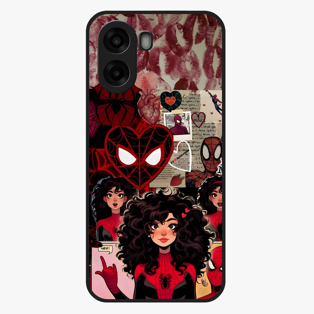 Spider Love Story Glass Case showing flat back view with romantic superhero themed artwork and glossy glass finish.