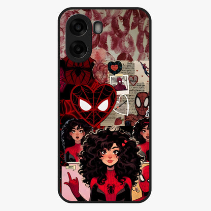 Spider Love Story Glass Case showing flat back view with romantic superhero themed artwork and glossy glass finish.