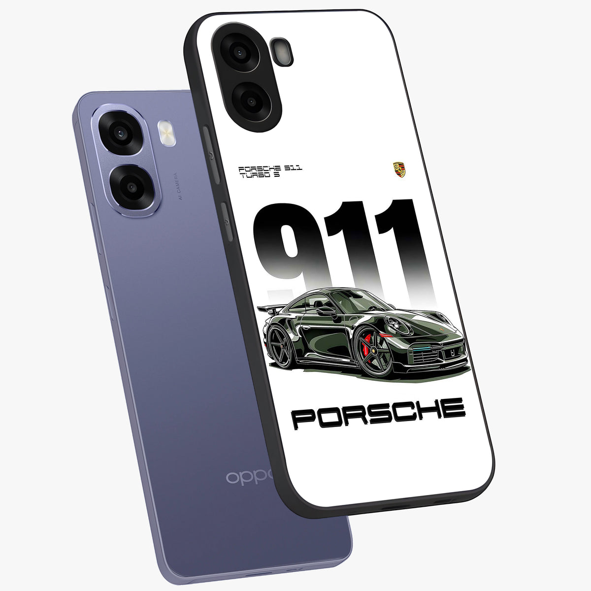 911 Turbo Dominance Glass Case displayed in premium angled mockup highlighting sporty car illustration and sleek glass surface.