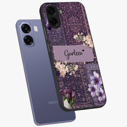Antique Floral Whisper Custom Name Glass Case displayed in angled mockup highlighting elegant antique floral aesthetic.