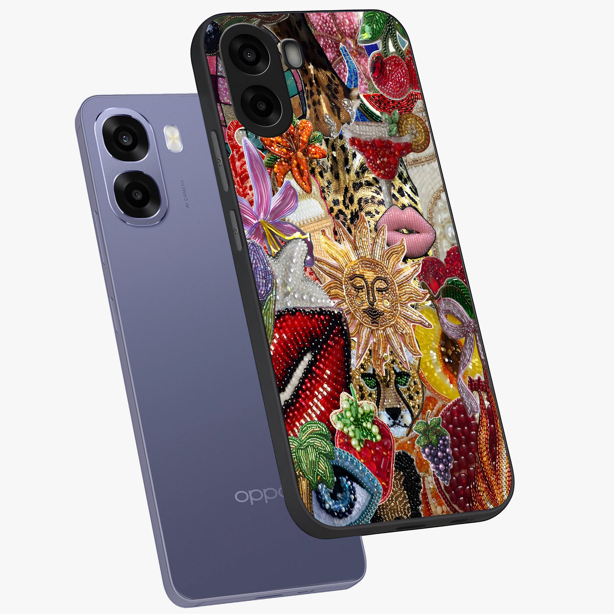 Beaded Fashion Jungle Glass Case displayed in angled mockup highlighting colorful fashion bead design and artistic pattern.