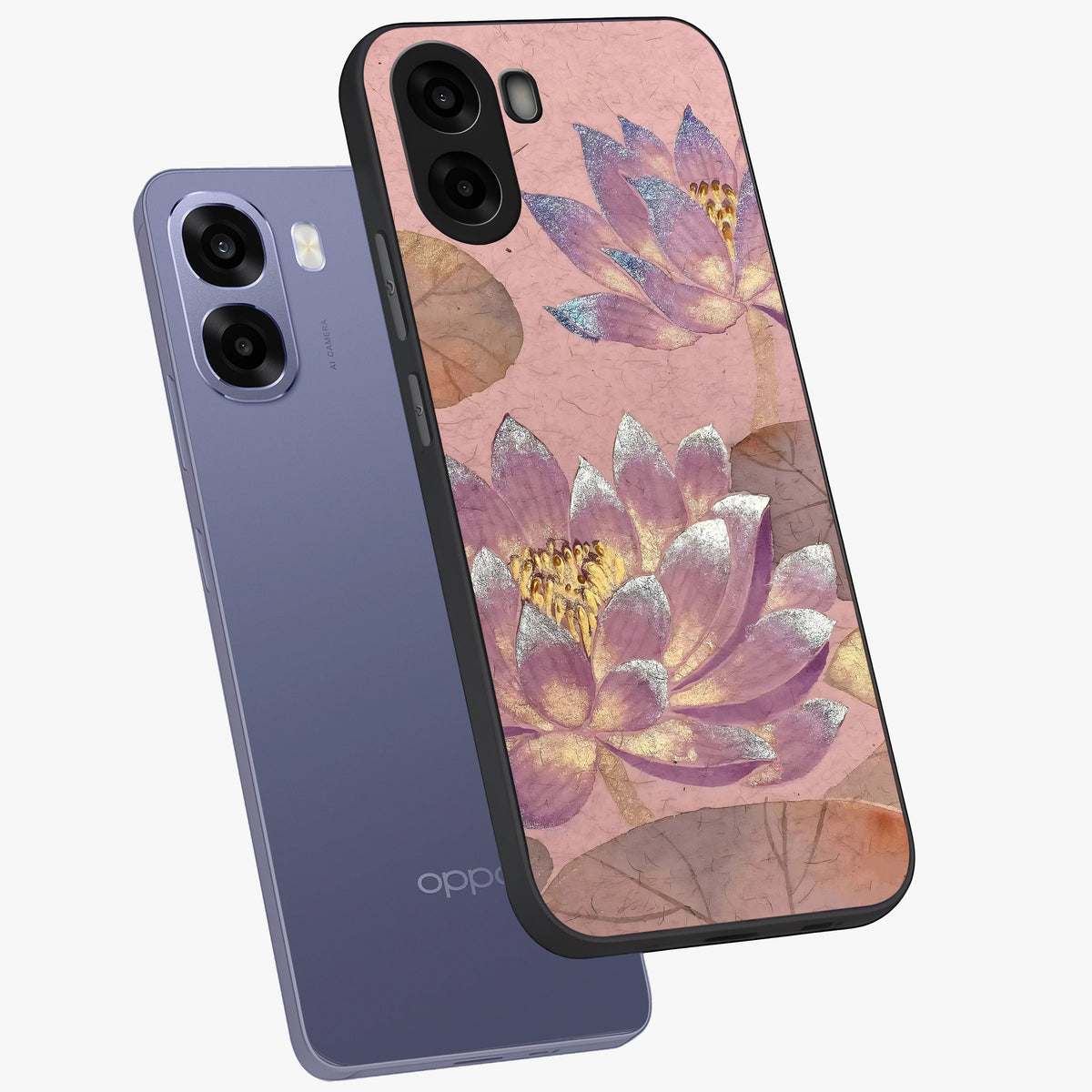Blossom Mist Lotus Glass Case displayed in angled mockup highlighting delicate lotus illustration with calm aesthetic theme.
