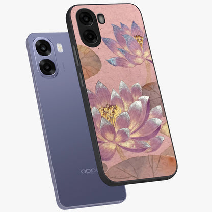 Blossom Mist Lotus Glass Case displayed in angled mockup highlighting delicate lotus illustration with calm aesthetic theme.