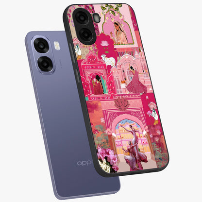 Blossoms of Rajasthan Glass Case displayed in angled mockup highlighting vibrant floral pattern with cultural aesthetic style.