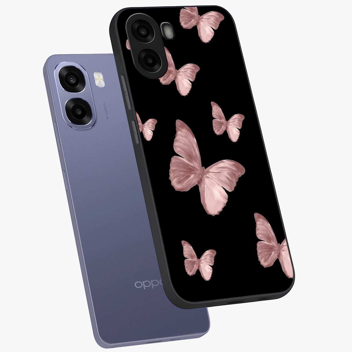 Butterfly Pattern Glass Case displayed in angled mockup highlighting delicate butterfly design and aesthetic pattern style.