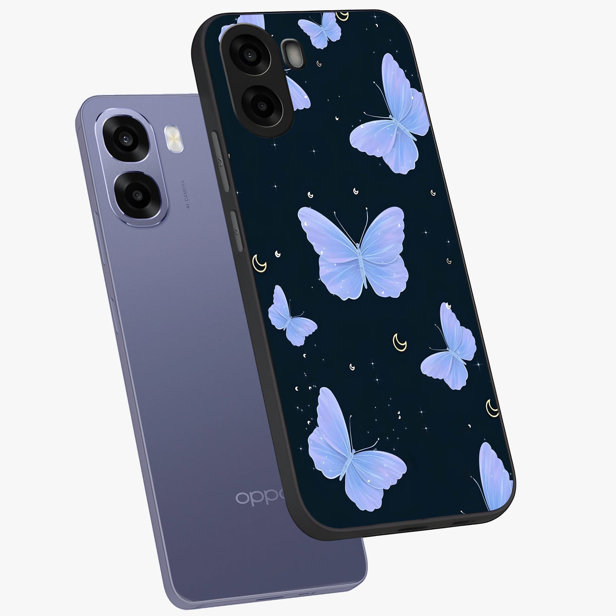 Butterfly With Stars Pattern Glass Case displayed in angled mockup highlighting dreamy butterfly and star design with aesthetic theme.