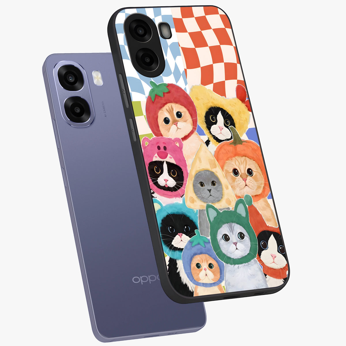 Cats in Fruits Glass Case displayed in angled mockup highlighting cute feline fruit design with colorful aesthetic style.