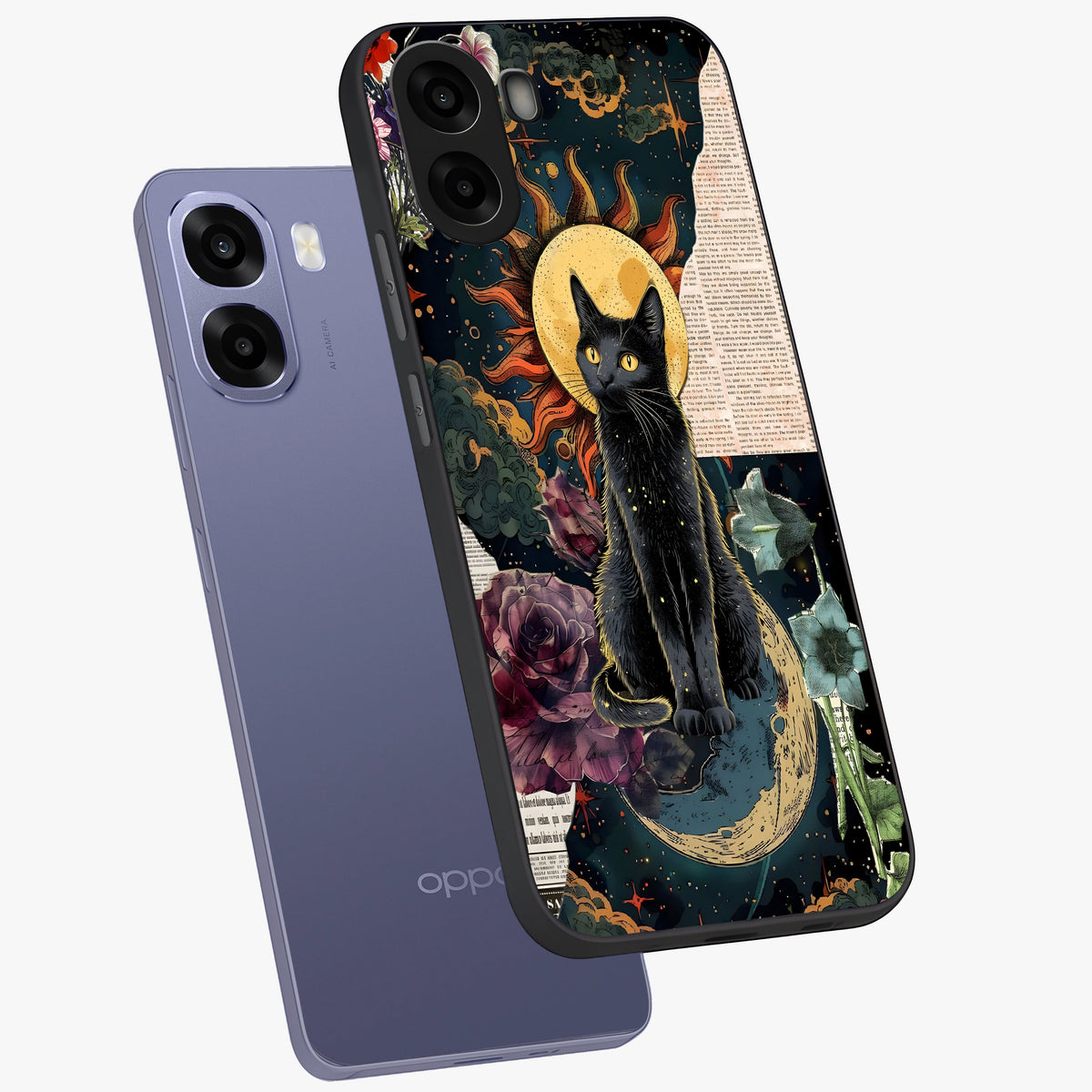 Celestial Black Cat Glass Case displayed in angled mockup highlighting cosmic black cat design with celestial aesthetic.