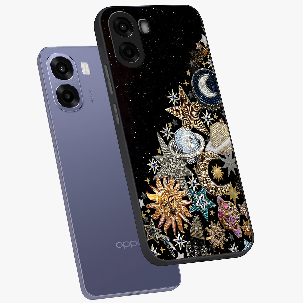 Cosmic Sparkle Dreams Glass Case displayed in angled mockup highlighting dreamy star sparkle design with celestial aesthetic.