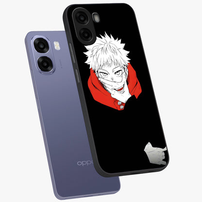Crimson Chaos Smile Glass Case displayed in angled mockup highlighting edgy crimson smile design with graphic aesthetic.