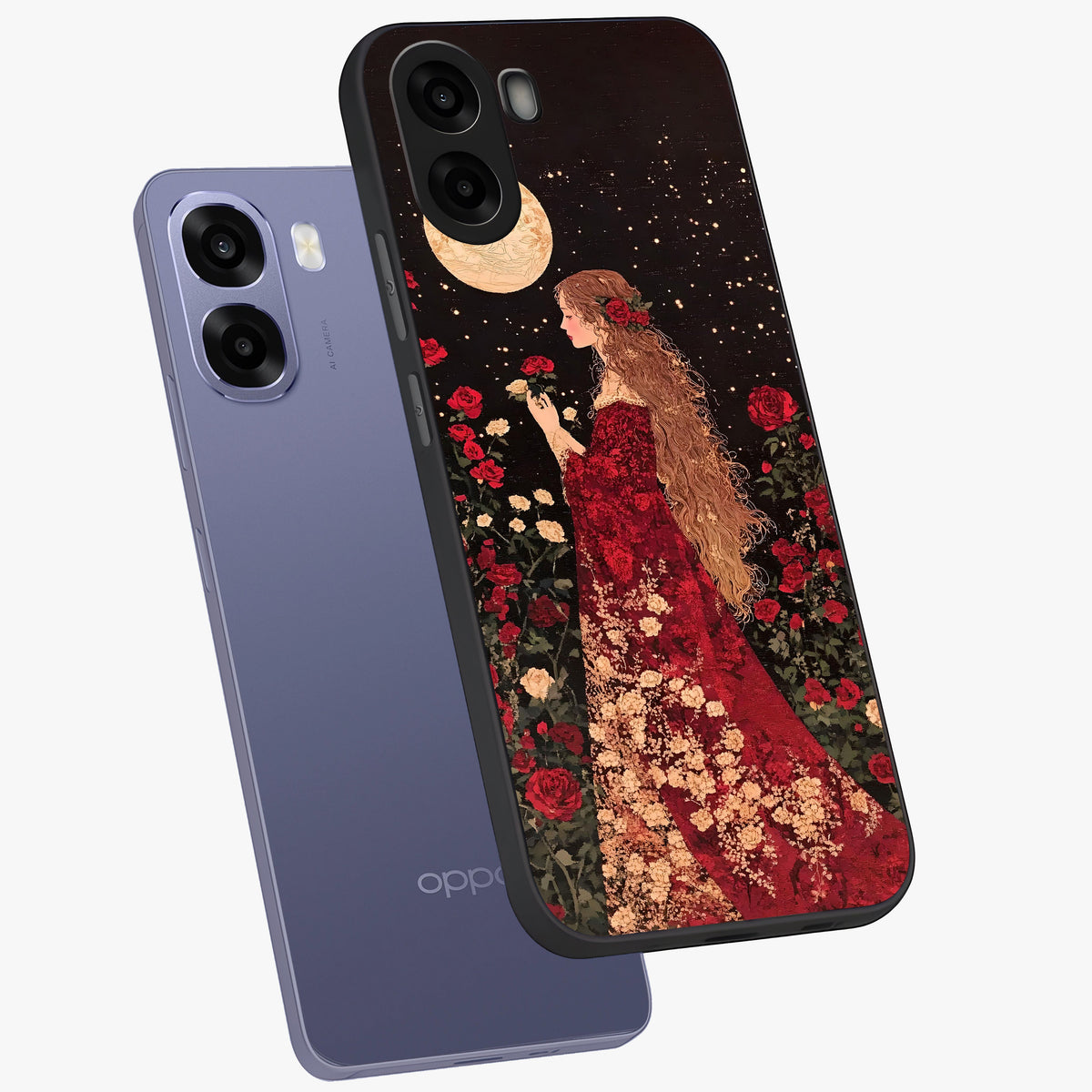 Crimson Dreams Glass Case displayed in angled mockup highlighting soft crimson aesthetic design with artistic theme.