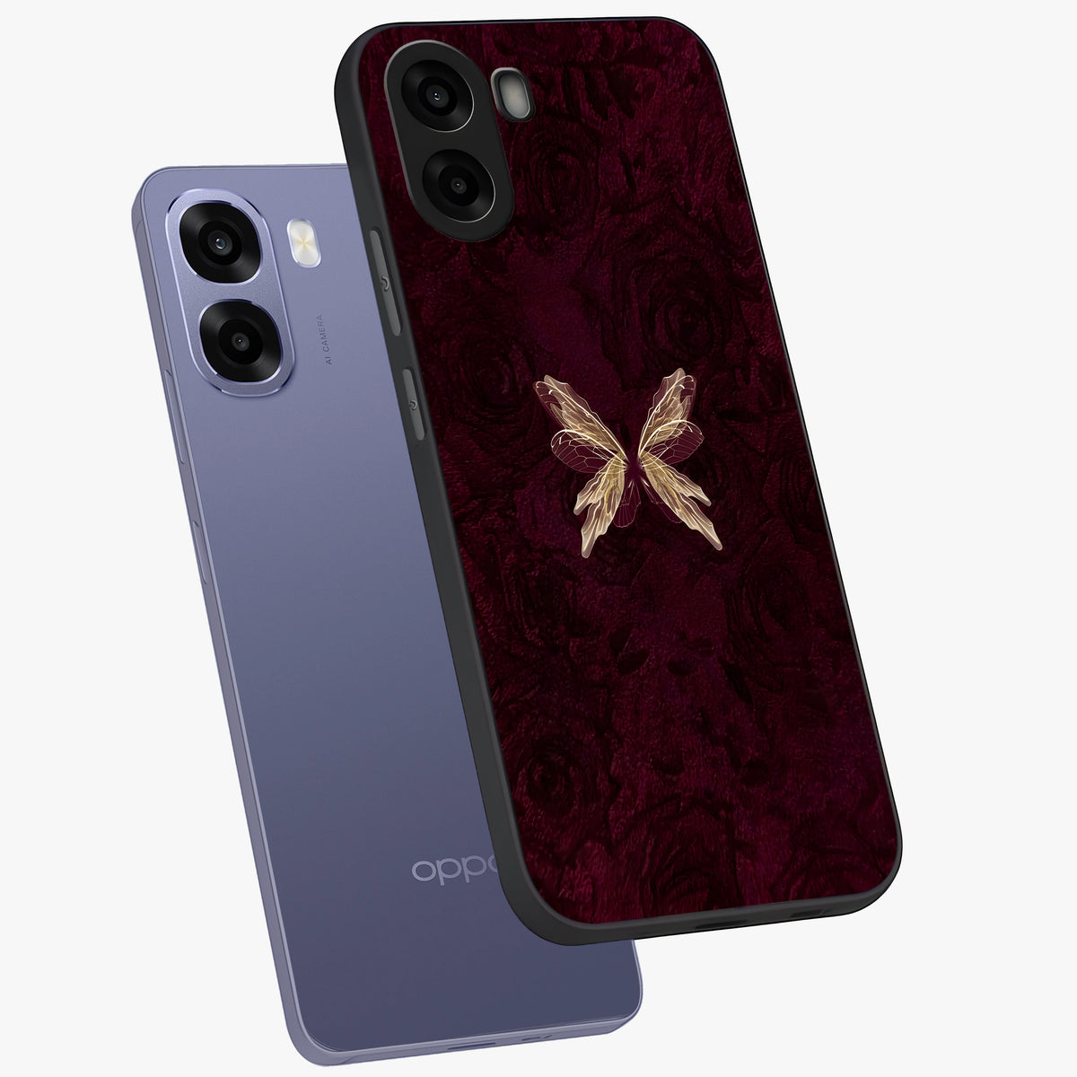Crimson Fade Butterfly Glass Case displayed in angled mockup highlighting elegant butterfly design with crimson gradient aesthetic.