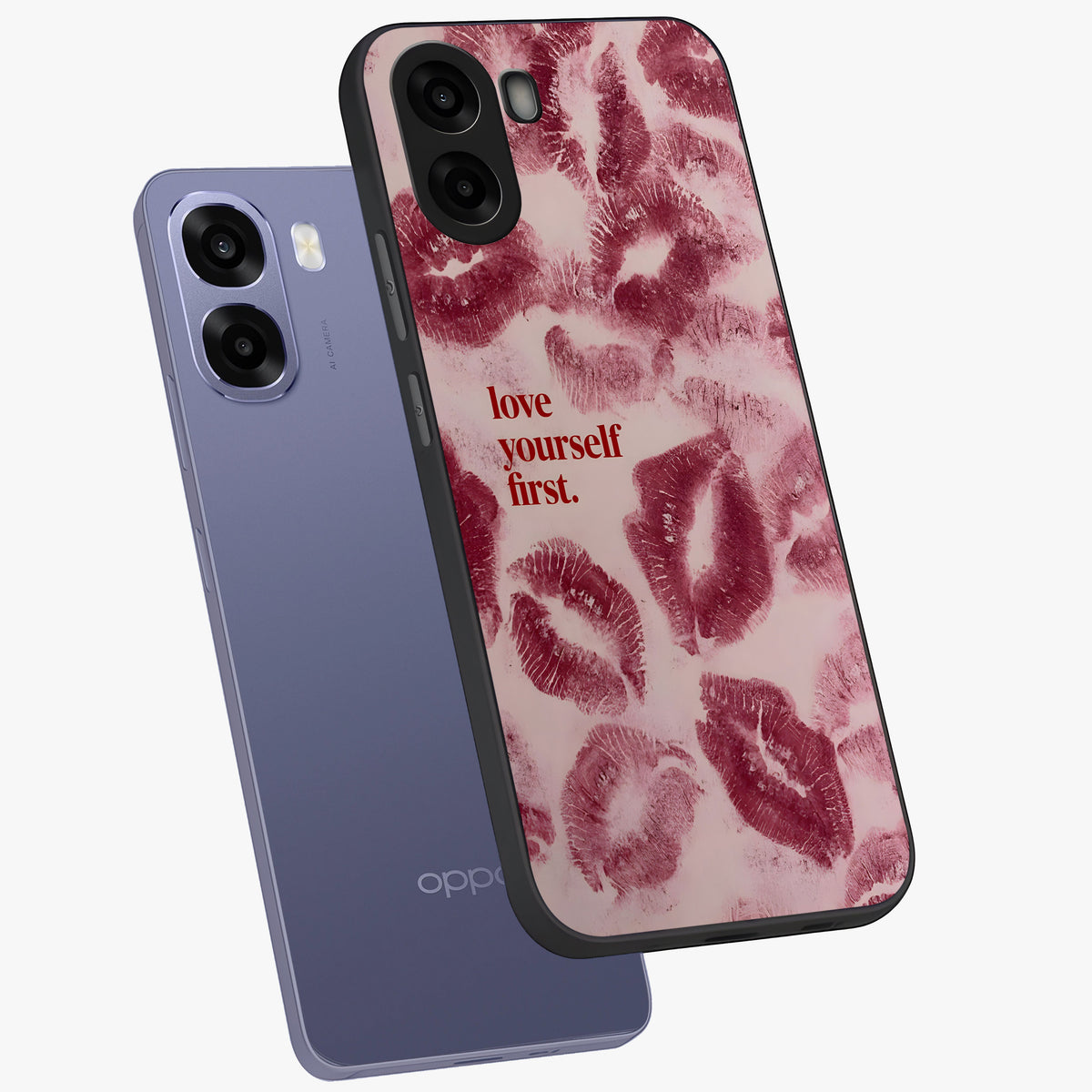 Crimson Kiss Love Glass Case displayed in angled mockup highlighting bold love inspired design with modern aesthetic style.