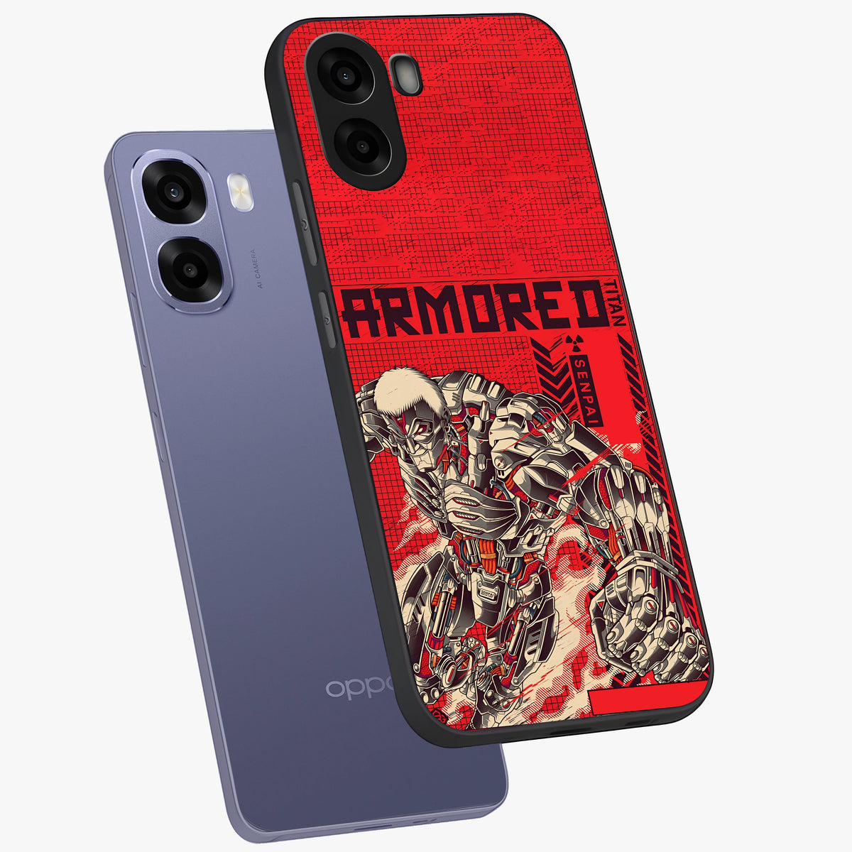Crimson Mecha Titan Glass Case displayed in angled mockup highlighting futuristic mech illustration with bold crimson aesthetic.