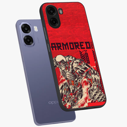 Crimson Mecha Titan Glass Case displayed in angled mockup highlighting futuristic mech illustration with bold crimson aesthetic.