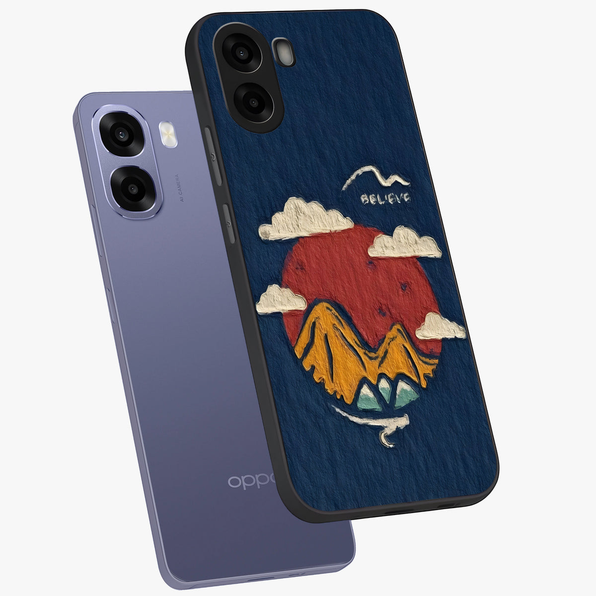 Dream Beyond Mountains Glass Case displayed in angled mockup highlighting dreamy mountain illustration with peaceful aesthetic.