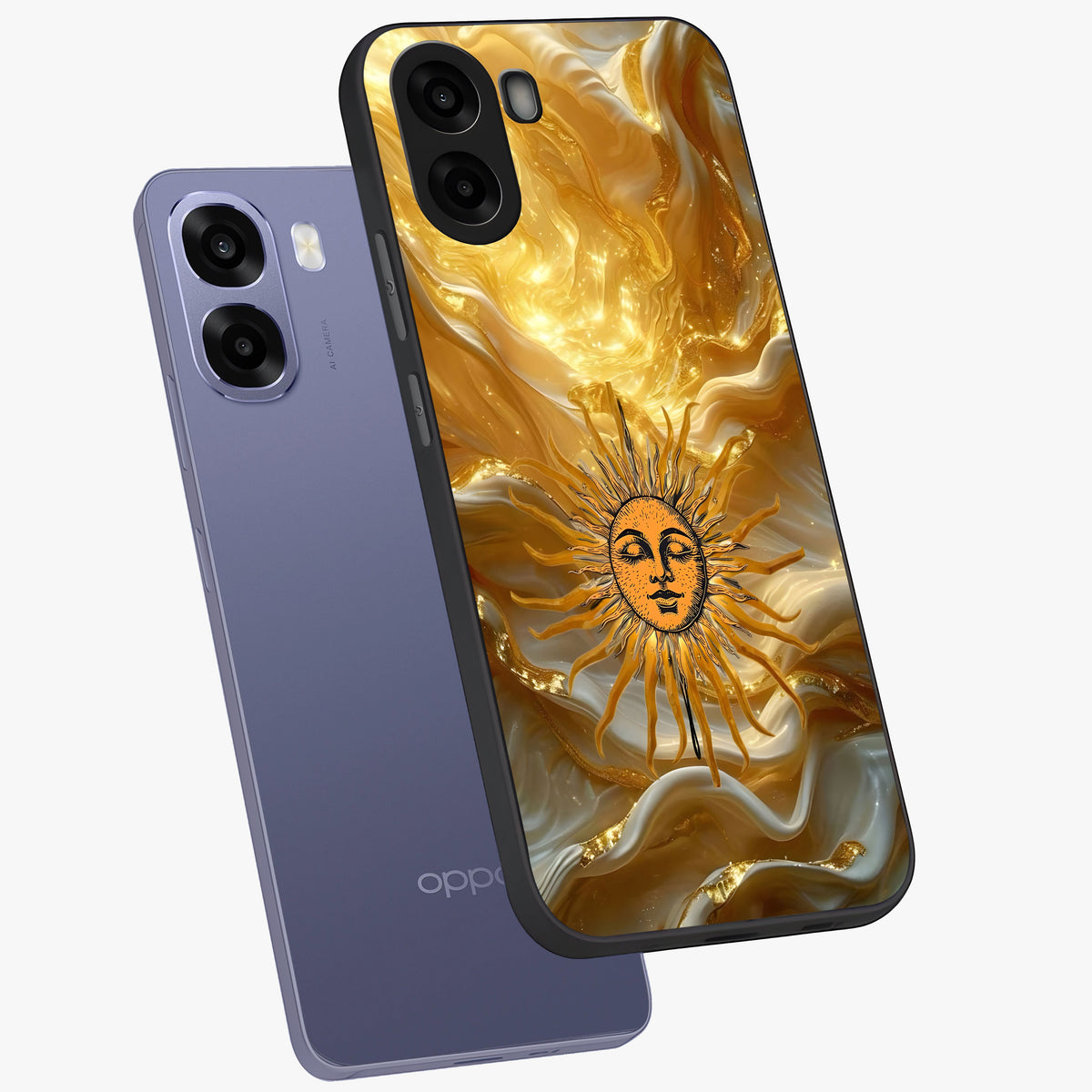 Eternal Golden Glow Glass Case displayed in angled mockup highlighting glowing golden aesthetic design with elegant style.