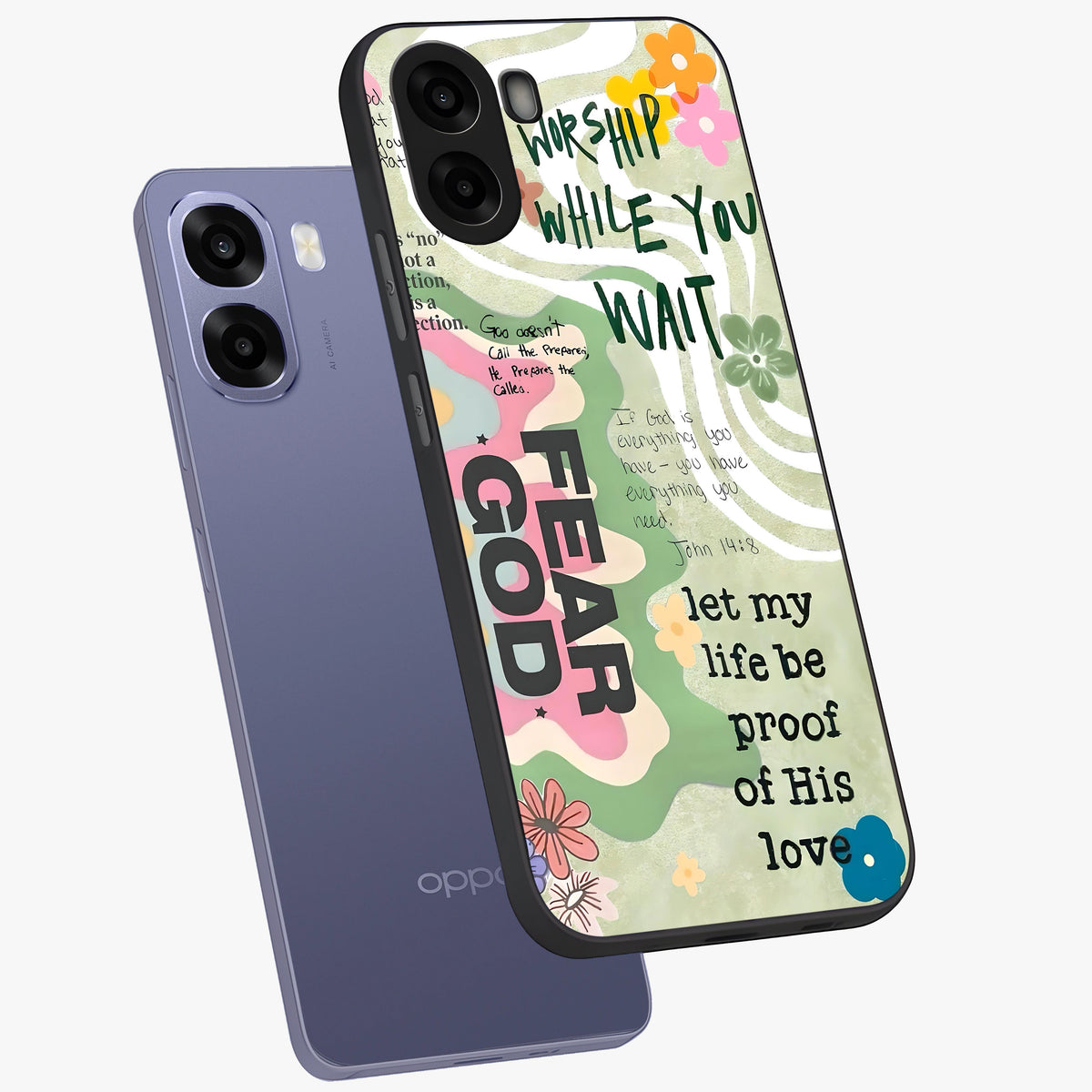 Faith Over Fear Glass Case displayed in angled mockup highlighting inspirational message design with modern aesthetic style.