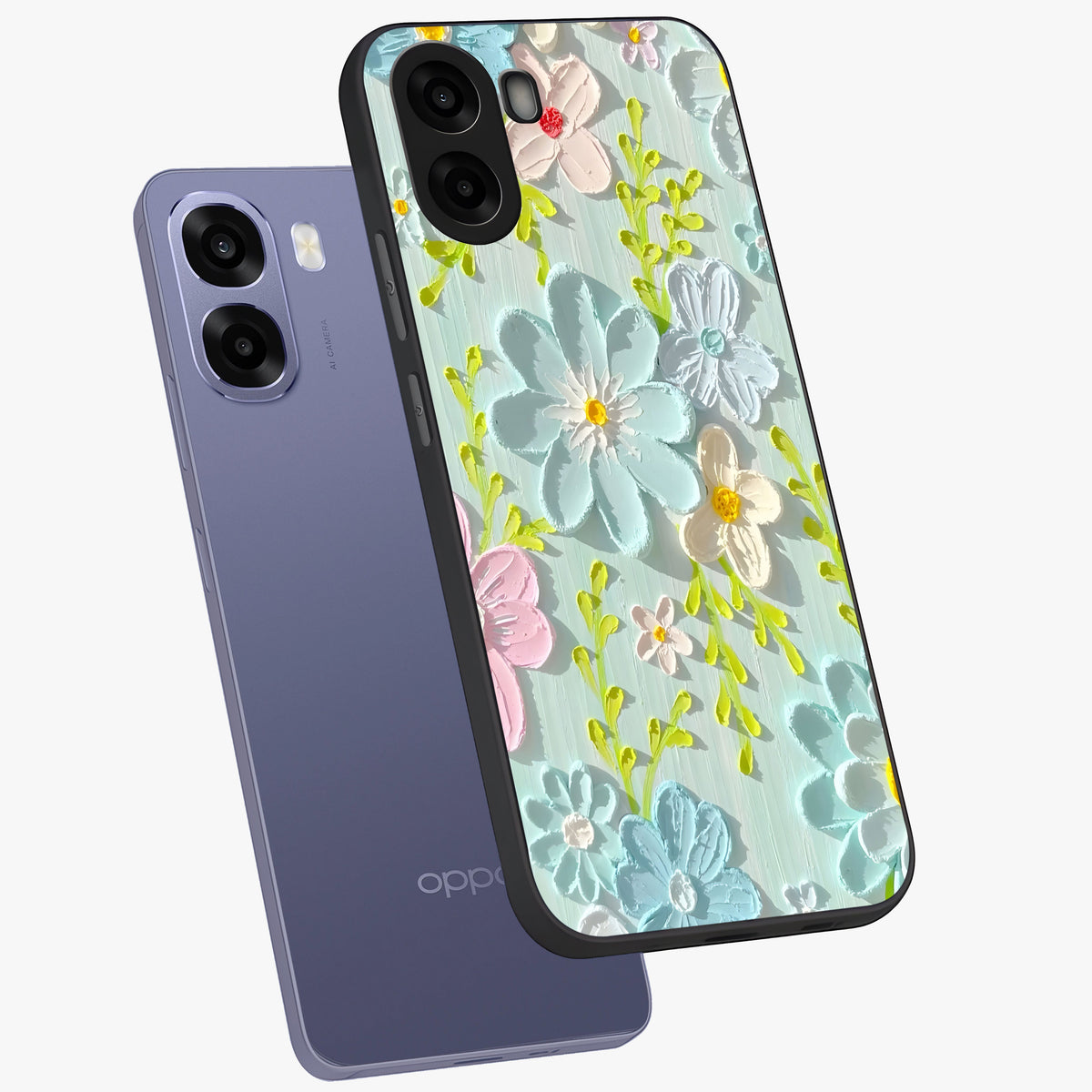Frosted Petal Garden Glass Case displayed in angled mockup highlighting delicate flower petal design with calm garden aesthetic.
