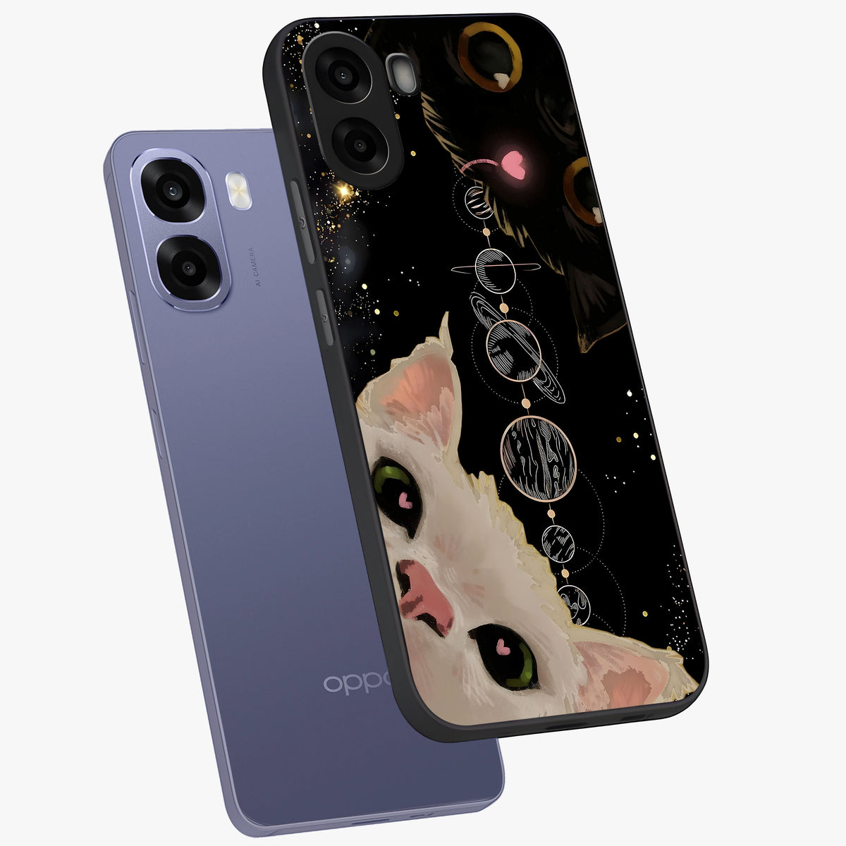 Galactic Cat Glass Case displayed in angled mockup highlighting celestial feline illustration with galaxy aesthetic style.