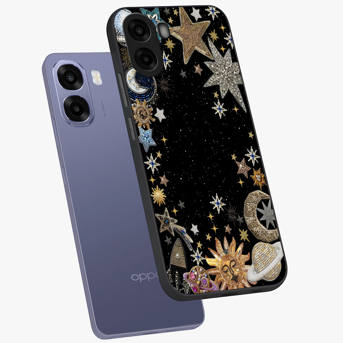 Galactic Jewel Stars Glass Case displayed in angled mockup highlighting shining celestial star design with cosmic aesthetic style.