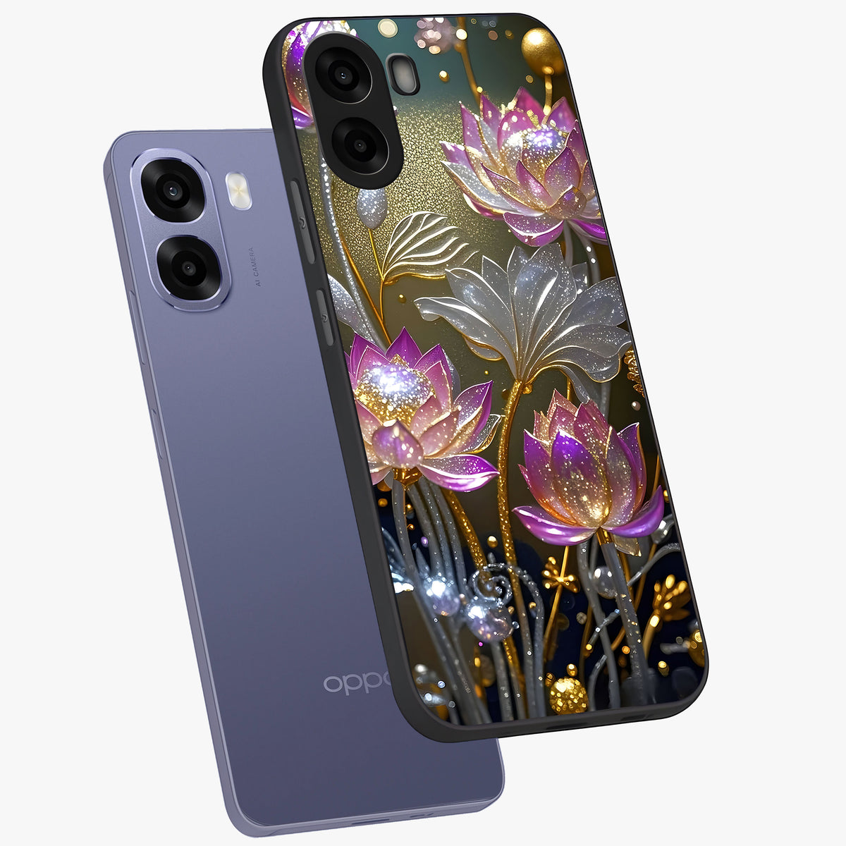 Golden Floral Majesty Glass Case displayed in angled mockup highlighting elegant flower design with royal golden aesthetic.
