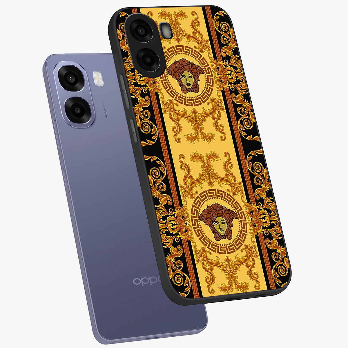 Golden Lotus Glow Glass Case displayed in angled mockup highlighting radiant lotus illustration with spiritual aesthetic.