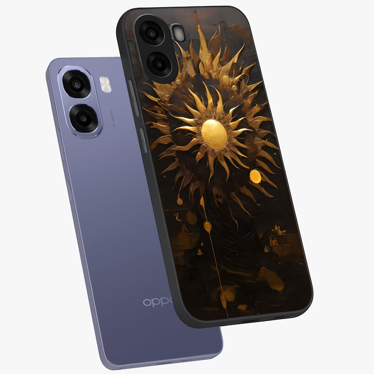 Golden Sun Majesty Glass Case displayed in angled mockup highlighting eerie shadow illustration with gothic aesthetic.