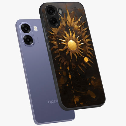 Golden Sun Majesty Glass Case displayed in angled mockup highlighting eerie shadow illustration with gothic aesthetic.
